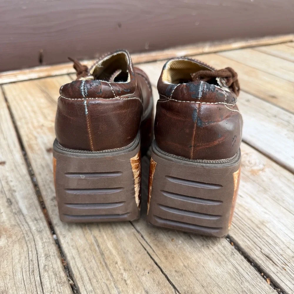 Vtg Bakers Platform Oxford Shoes Womens 7.5/8 Brown Chunky Wood Wedge Y2K 90s